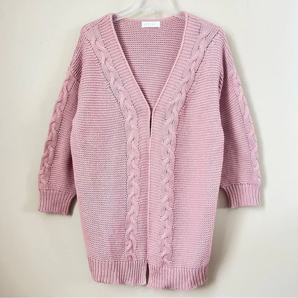 Moshu Pink Open Front Cable Knit Women's Sweater SZ Large - Picture 2 of 12